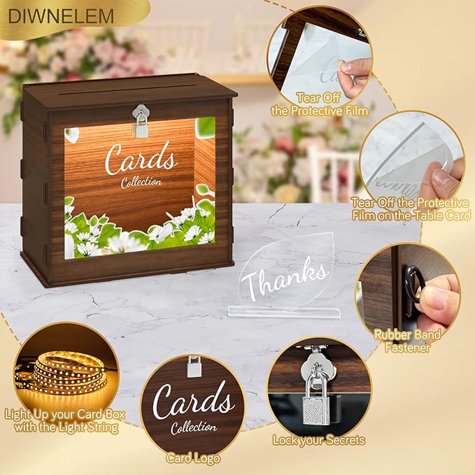 DIWNELEM Wooden Wedding Card Box with Lock&Light Large Letter Envelope Box Wedding Gift Card Box Money Box for Reception Baby Shower Birthday Party Graduation Decorations