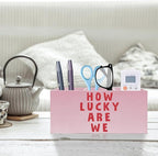 Exqcom Pink Positive Quotes Makeup Brush Holder, Pink Preppy Toothbrush Holders for Girls Bathroom, How Lucky Are We Pen Holder Organizer for Dorm Bedroom Desk Accessories