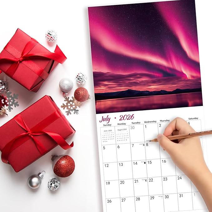 2026 Wall Calendar, Aurora Wall calendar 2026, 12" x 24" Opened, Thick Glossy Paper, Home and Office Organizer