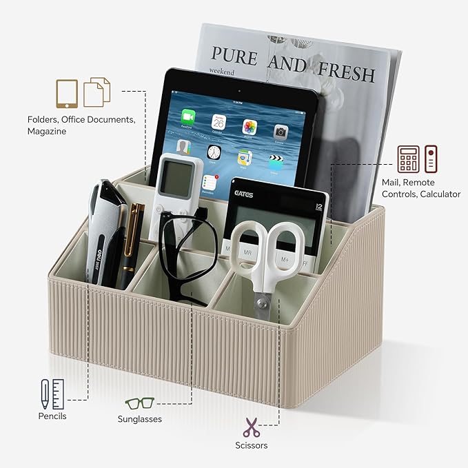 Cretkhp Remote Control Holder with 5 Compartments for Office Art Supplies, PU Leather Nightstand Organizer Pencil Pen Desk Caddy for Home, Desktop TV Remote Control Organizer Storage (Striped Beige)