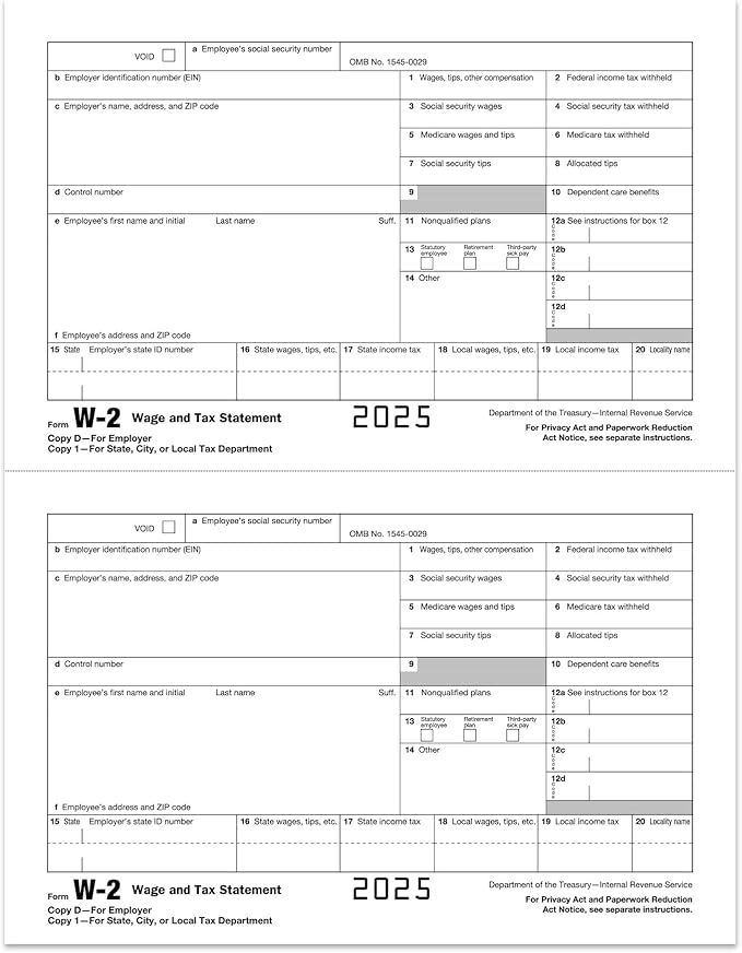 W2 Forms 2025, 6 Part Tax Forms, 25 Employee Kit of Laser Forms Designed for QuickBooks and Accounting Software, 25 Self Seal Envelopes Included
