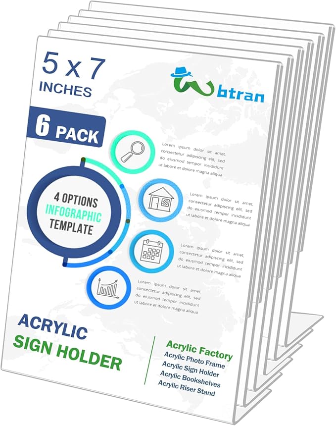 Wbtran Slanted Back Acrylic Sign Holder 5 x 7, Clear Tabletop Sign Holder, Acrylic Stands for Display 5 x 7, Plastic Paper Sign Holder for Office, Home, Restaurant (6 Pack)