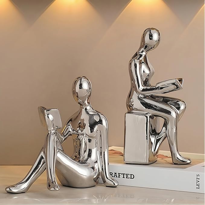 TYGKROF Decorative Bookends,Ceramic Statue Book Ends,Home Office Modern Bookends,Decor Aesthetic Reading Book Holders for Bookshelf,Bedroom Living Room Decoration Unique Bookends (Silver)