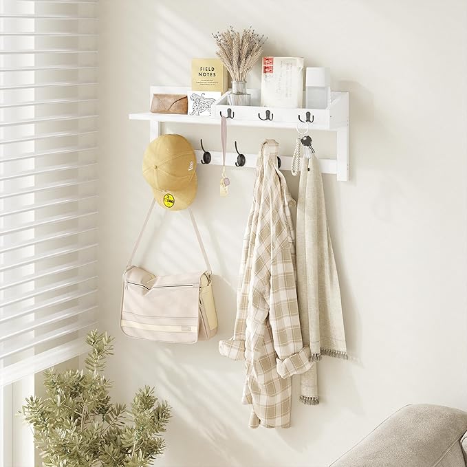 AMBIRD Wall Hooks with Shelf, 26.57 Inch Entryway Wood Coat Hooks for Wall, Coat Rack Wall Mount with 5 Dual Hooks 3 Key Hooks Mail Organizer and Key Rack Holder (White)