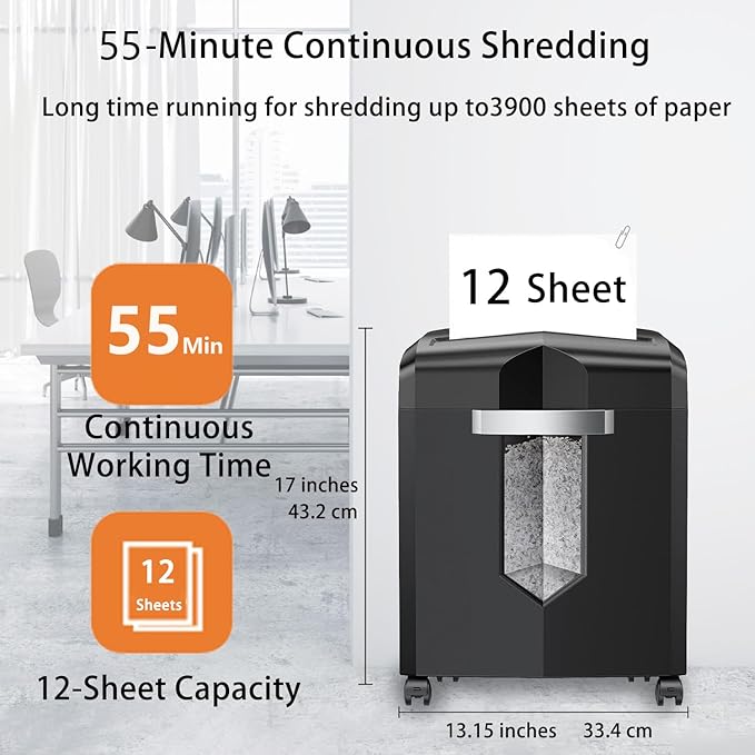 Bonsaii 12-Sheet P-4 Micro-Cut Shredder, 55-Min Continuous Use, Shreds Paper, Credit Cards & CDs, 4-Gal Transparent Bin, Mobile Casters – Black