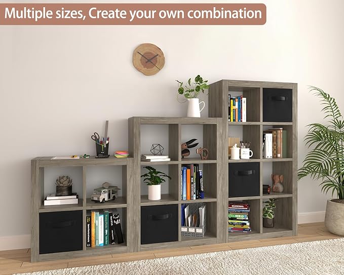 furtble Bookshelf with Storage Bins, 8-Cube Storage Organizer, Modern Wood Open Bookcase, Multifunctional Display Shelf for Living Room, Bedroom, Home Office, Gray Oak