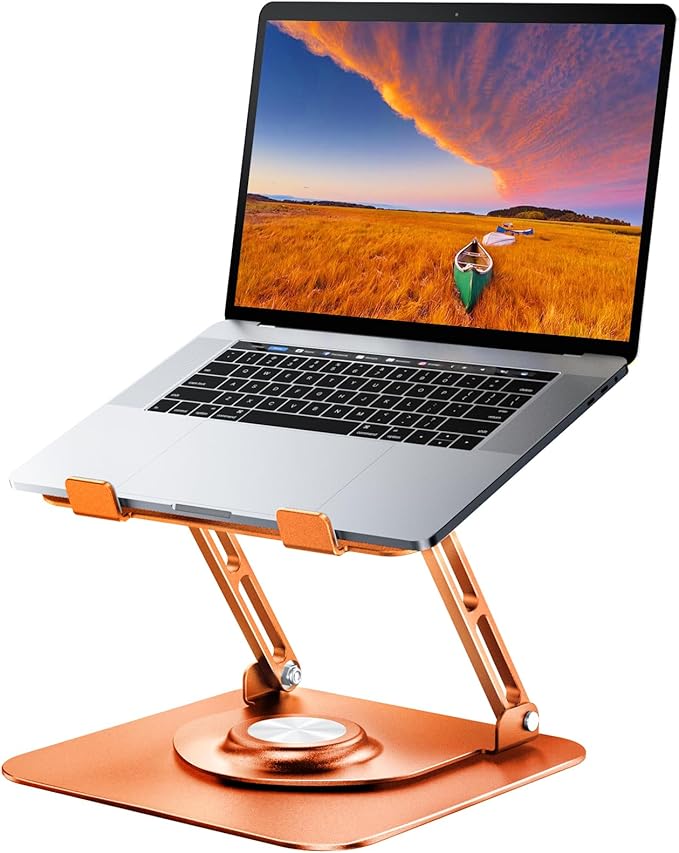 JOYEKY Laptop Stand for Desk, Adjustable Computer Stand with 360° Rotating Base, Ergonomic Laptop Riser for Collaborative Work, Foldable & Portable Laptop Stand, fits for All 10-16" Laptops (Orange)