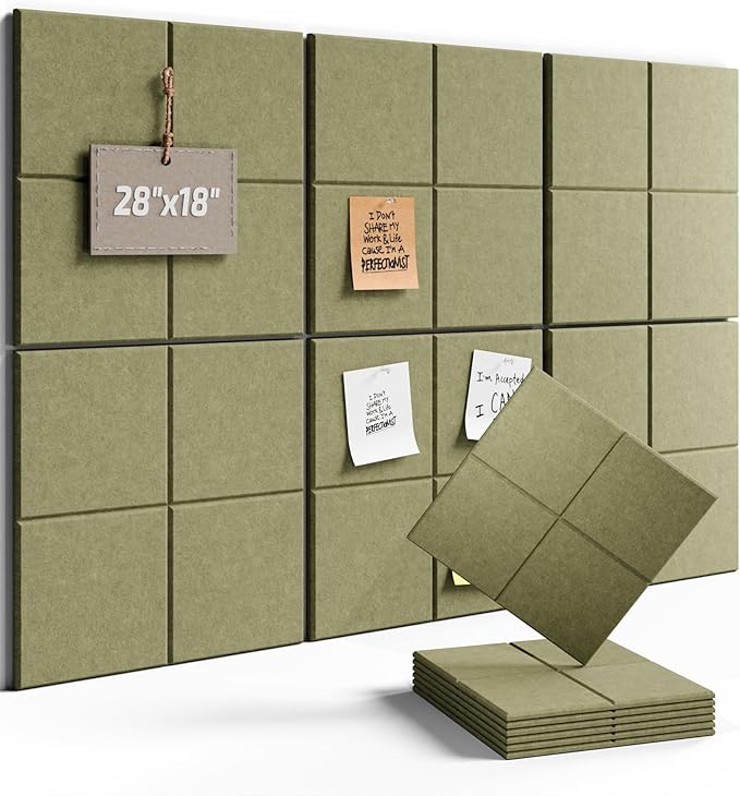 Fluxynara Felt Bulletin Board Tiles -28"x18" Cork Board Alternative for Office Decor, Push Pin Board Wall Organizer 6-Pack-Olive Green