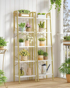 Hzuaneri Ladder Shelf, Bookshelf Bookcase, Freestanding Corner Storage Shelve with 2 Hooks for Home Office, Living Room, Kitchen, Bedroom, Industrial, 11.8" D x 17.3" W x 63" H, White Gold BC19213G
