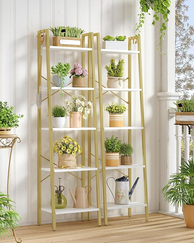 Hzuaneri Ladder Shelf, Bookshelf Bookcase, Freestanding Corner Storage Shelve with 2 Hooks for Home Office, Living Room, Kitchen, Bedroom, Industrial, 11.8" D x 17.3" W x 63" H, White Gold BC19213G