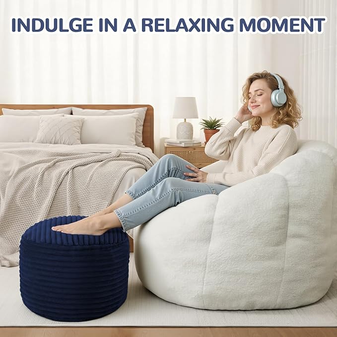 MeMoreCool Stuffed Round Pouf Ottoman Foot Rest, Soft Plush Floor Pouf Foot Stool, Corduray Footstool Footrest, Small Round Ottoman for Living Room Couch Sofa Chair, 20x15 Inch Navy
