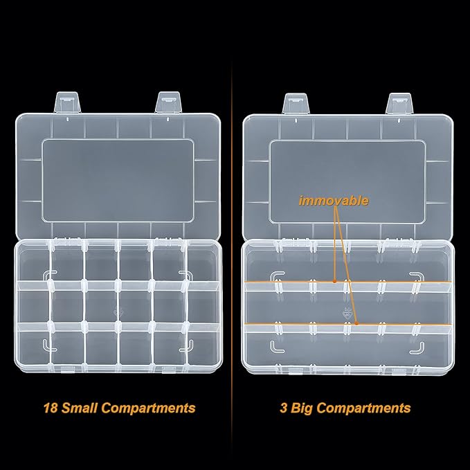 CGCG 3 Pack 7.9 x 5.8 inch Plastic Organizer Box with Adjustable Dividers 18 Grids Clear multi Compartment Storage Container Small Case for Beads Crafts Jewelry Fishing Tackles nail charm sticker