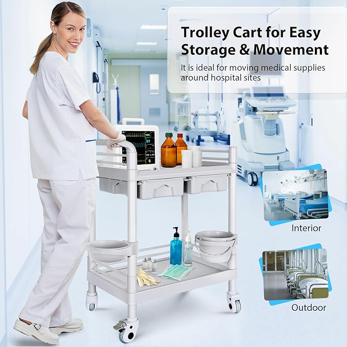 Medical Mobile Trolley Cart 2-Shelf 220 LBS Max Load Rolling Utility Cart Heavy Duty Beauty Salon Storage Cart with Drawers Dirt Buckets Rotate Wheels 2 Brake for Hospital Dental Clinic Home