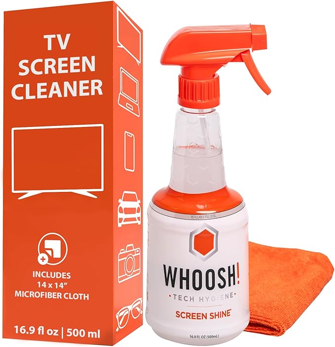 WHOOSH! Pro 16.9 fl oz Refillable TV Screen Cleaner & Microfiber Cloth - Streak-Free Cleaner for Flat Screens, OLED, LCD, Smart TV, Monitors - Non-Toxic, Odorless - Electronics Cleaning Kit