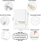 feela 12 Pack Notebooks Journals Bulk, Hardcover Notebook Classic Ruled Lined Journals with Pen Holder for Women Girls School Business Supplies, with 12 Black Pens, 120 GSM, 5.1”x8.3”, A5, White