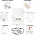 feela 5 Pack Notebooks Journals Bulk, Hardcover Notebook Classic Ruled Lined Journals with Pen Holder for Women Girls School Business Supplies, with 5 Black Pens, 120 GSM, 5.1”x8.3”, A5, White