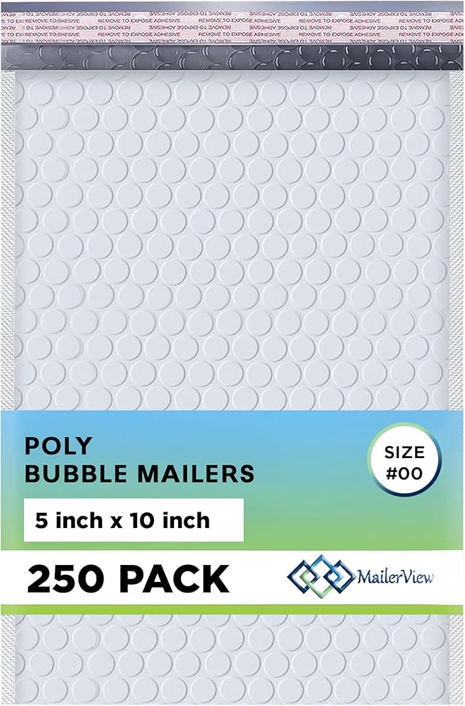 White Small Poly Bubble Mailers 5x10 inch #00 | Self Seal Padded Envelopes | Cushioned Bubble Mailer | Usable Size 5x9 | WaterProof | Lightweight mailing Shipping Bags | 250 Pack Bulk | Made In USA