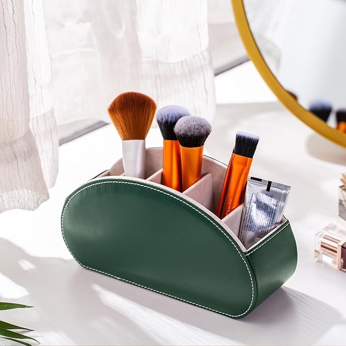 Remote Control Holders Organizer Box with 5 Compartment PU Leather Multi-functional Office Desk Storage Caddy Store Tv Remote for Media Player,Brush,Pencil,Glassees&Office Supplies (Dark Green)