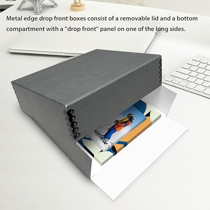 Lineco Museum Archival Storage Box, 11.75x18.25x3 in. Drop Front Design. Acid-Free with Metal Edge. Organize Photos, Pictures, Prints, Documents, Crafts, DIY. Gray, 2 Pack