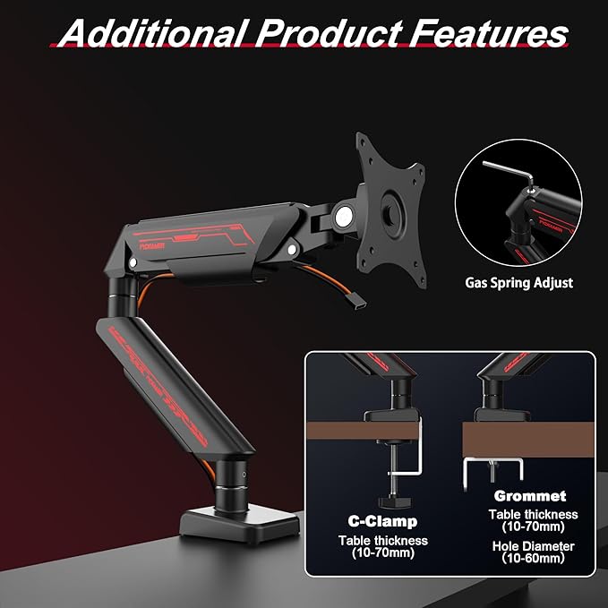 Fydeamer Monitor Arm for 17-35" Screens up to 24.2 lbs, Ergonomic Gas Spring Monitor Stand with Height Adjust, Tilt, Swivel & Cable Management, VESA Desk Mount with 2 Types of Installation, Black
