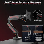 Fydeamer Monitor Arm for 17-35" Screens up to 24.2 lbs, Ergonomic Gas Spring Monitor Stand with Height Adjust, Tilt, Swivel & Cable Management, VESA Desk Mount with 2 Types of Installation, Black