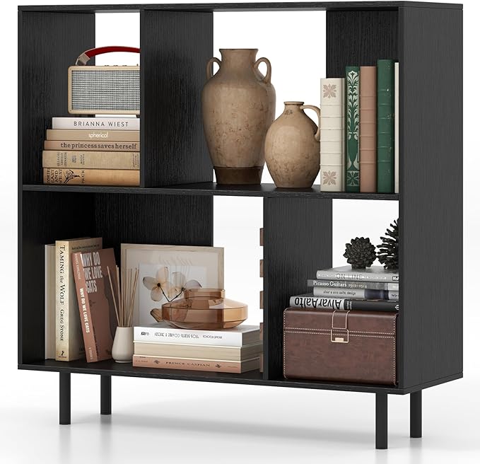Tangkula 4 Cubby Open Bookcase, 3-Tier Freestanding Bookshelf with Detachable Metal Legs, Anti-toppling Device, Anti-Falling Baffles, Modern Cubicle Display Shelf (1,Black)