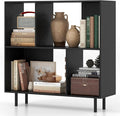 Tangkula 4 Cubby Open Bookcase, 3-Tier Freestanding Bookshelf with Detachable Metal Legs, Anti-toppling Device, Anti-Falling Baffles, Modern Cubicle Display Shelf (1,Black)