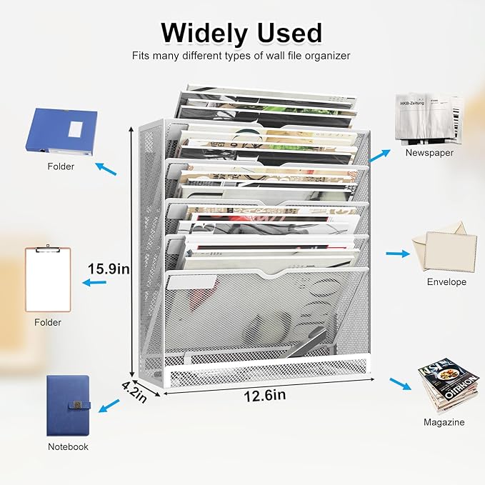 KZWKRG 6 Tier Magnetic File Holder, Large Capacity Mesh Hanging Wall Organizer Vertical Magnetic Hanging File Organizer, Magnetic File Folder Holder for File Cabinets, Office, Whiteboard (White)