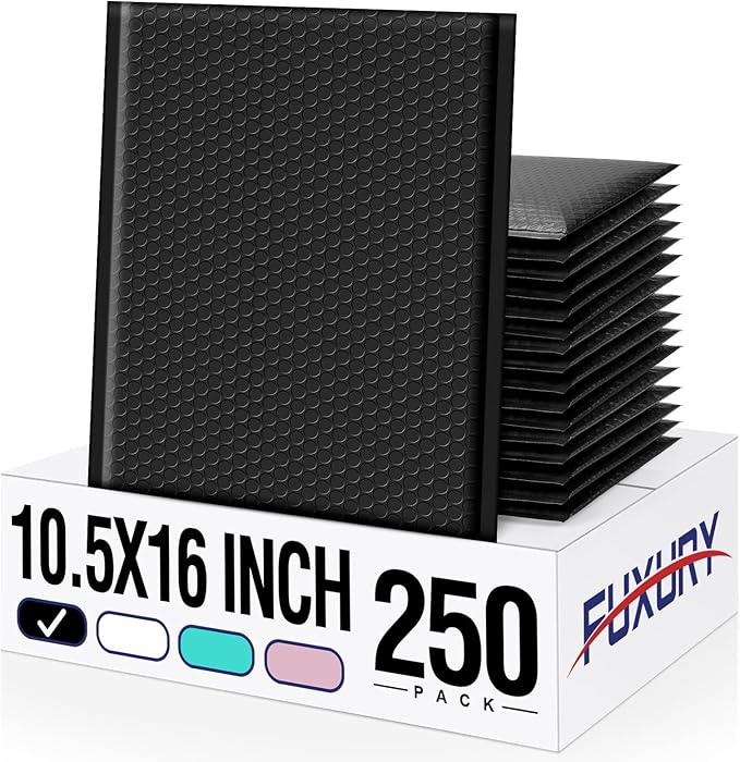 Fuxury 250 Pack Black Bubble Mailers 10.5x16 Inch, Self Seal Padded Envelopes Waterproof Mailing Envelopes Bubble Padded, Cushioning Padded Mailers, Bubble Bags for Packaging, Small Business Large #5