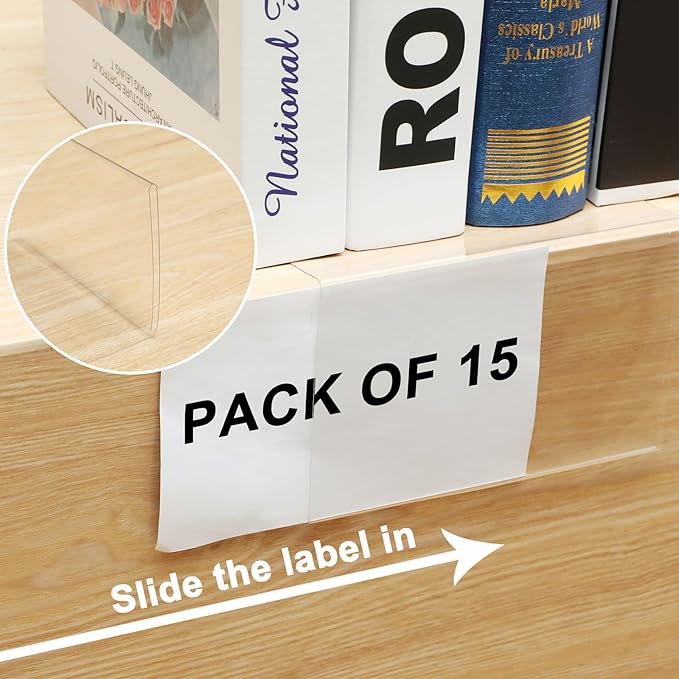Containlol 15 Pieces Moveable Shelf Label Holders Clear Shelves Tags Moveable Library Markers Transparent Shelf Label Display Holder for Classroom Office Library Book Shelves(6.5 x 3.54 x 2.36 Inch)