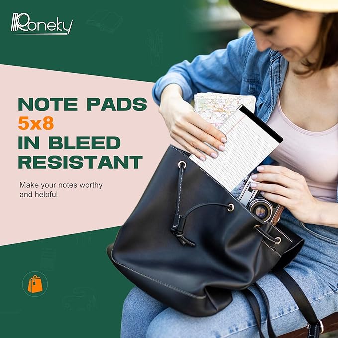 Roneky 12 Pack Note Pads 5x8, Small Legal Pads 5x8 White Writing Paper for Work, Mini Notepads College Ruled Paper with Sturdy Back 25 Lines, Perforated Legal Note Pad 5" x 8", 30 Sheets Per