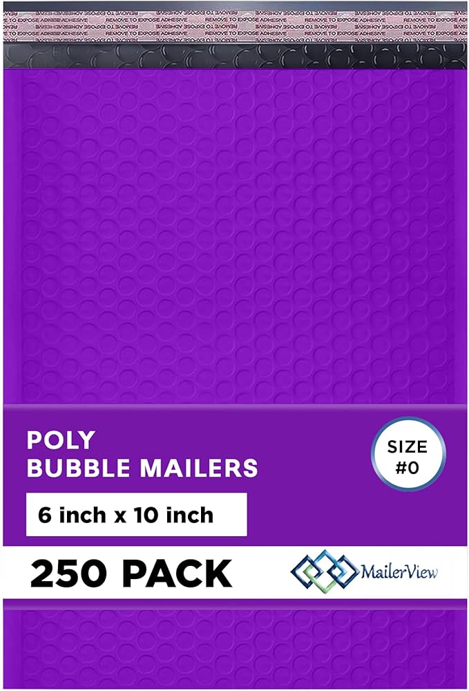 Purple Small Poly Bubble Mailers 6x10 inch #0 | Self Seal Padded Envelopes | Cushioned Bubble Mailer | Usable Size 6x9 | WaterProof | Lightweight mailing Shipping Bags | 250 Pack Bulk