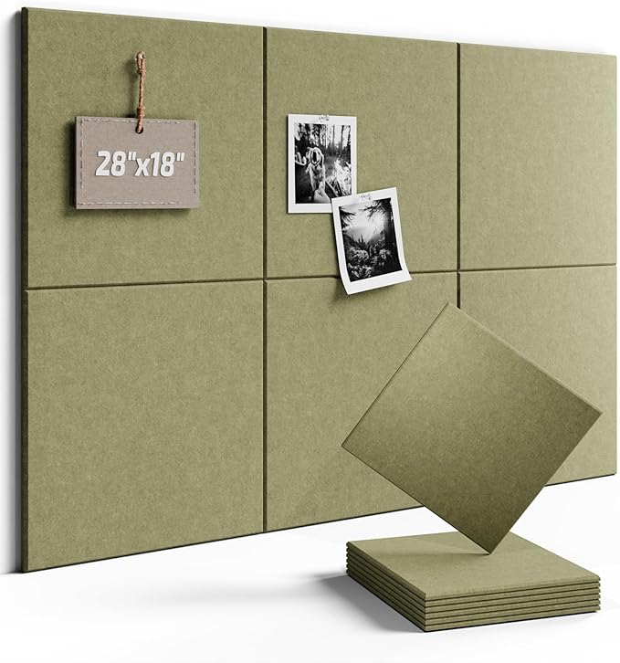 Fluxynara Felt Bulletin Board Tiles -28"x18" Cork Board Alternative for Office Decor, Push Pin Board Wall Organizer 6-Pack -Olive Green