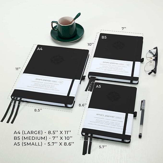 Smart Planner Pro – Undated Daily Planner – Medium B5 – Achieve Goals & Increase Productivity with Weekly, Monthly, Work Sections - Organizer Planner with Back Pocket, 3 Satin Bookmarks & Pen Holder