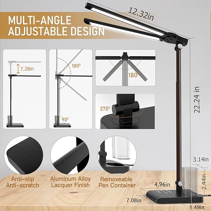 CHARYJOD Retractable Dimmable LED Desk Lamp with USB Charging Port, 50 Lighting Modes Dual Swing Arm Architect Adjustable Table Lamp Light Desk Lamp for Home Office Dorm Piano Nail, Black