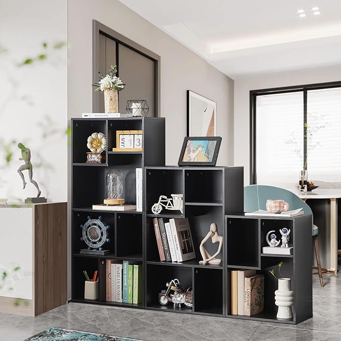 VECELO Wide Bookshelf Set, Fits 9.3" × 10-12.8" Hardcovers, Cube Storage Bookcases, Free-Standing for Living Room, Bedroom, Home Office, 2/3-Tier, 2-Pack, Black