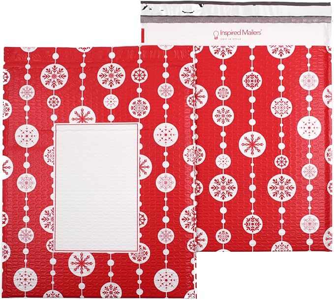 Bubble Mailers 12x15" - Red Snowflake Baubles (Writable Area) - 25 Pack - Large Padded Envelopes 12x15 - Poly Bubble Mailers Padded Mailers - Holiday Bubble Envelopes