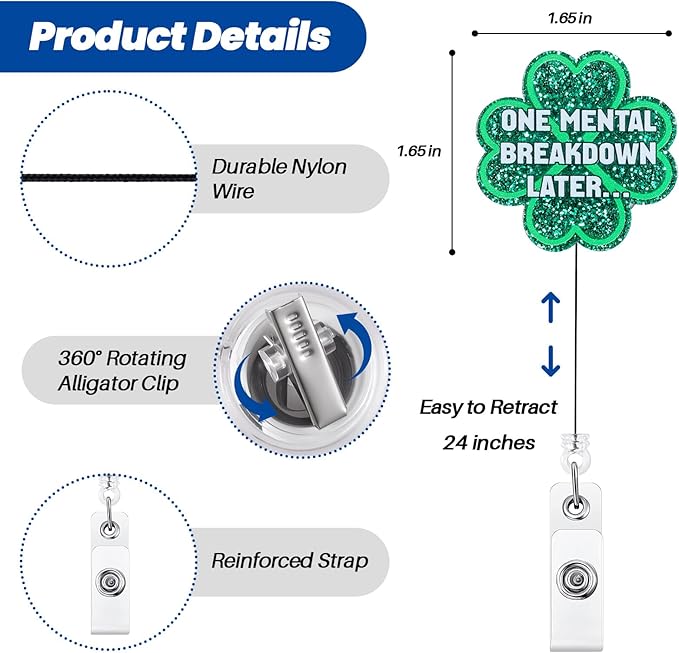 ONE Mental Breakdown Later… Funny Four-Leaf Clover Badge Reel | Retractable ID Card Green Badge Holder | Name Tag Work Badge Clip for RN LPN CNA MA ER Night Shift Nurse Doctor | Nurse Gifts | Acrylic