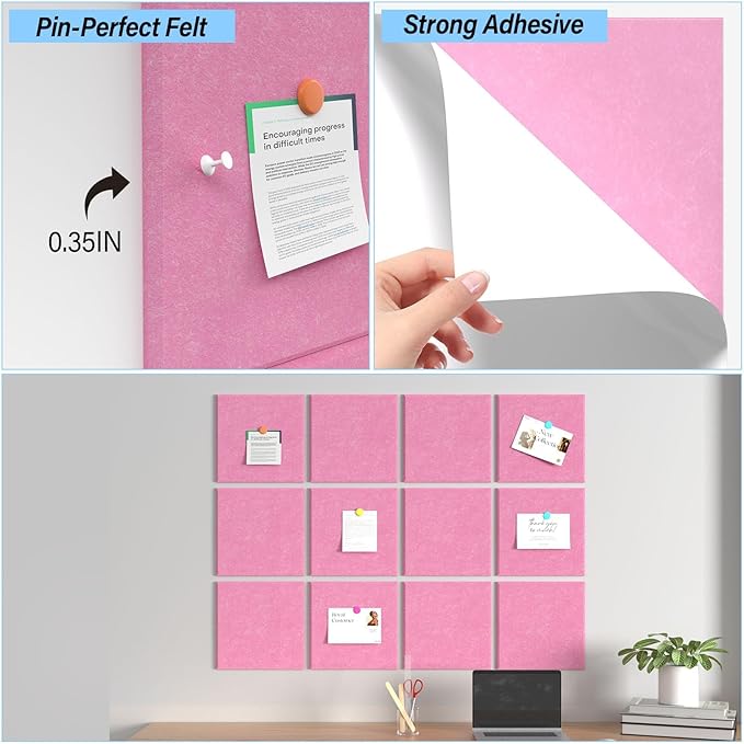 Baysola Large Cork Boards for Walls – 36" x 24" Self Adhesive Felt Wall Tiles, Ideal for Office Black Bulletin Board, Easy to Install Pin Board Photo Board