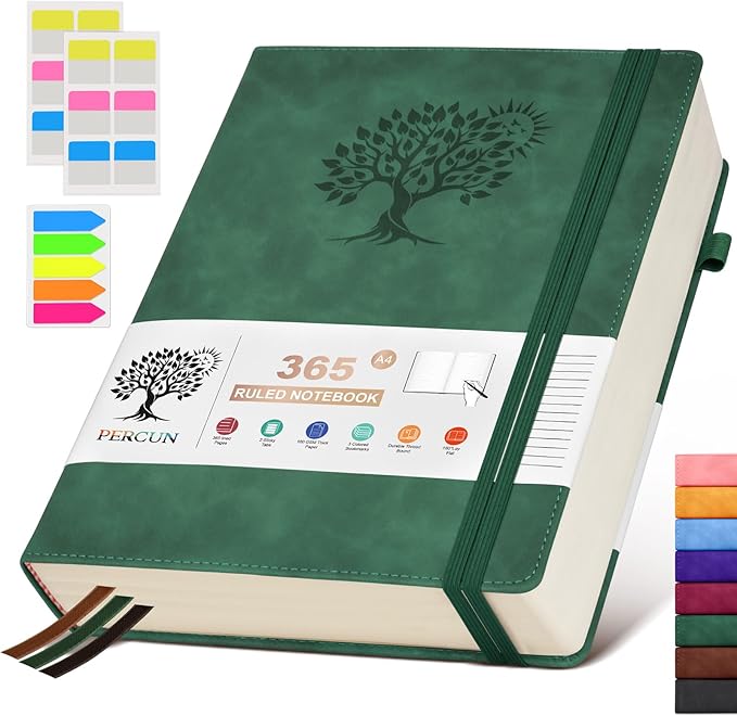 PERCUN A4 Lined Journal Notebook，365 Page Large Leather Journals for Writing Women Men，Hardcover Notebook with 100Gsm Thick Pages for Travel，Work，School，College Ruled, Daily Diary (8.5" x 11.4")