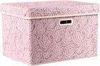 PRANDOM Larger Collapsible Storage Bin with Lid [1-Pack] Fabric Decorative Storage Box Cube Organizer Container Baskes with Handles Divider for Bedroom Closet Living Room Pink 17.7x11.8x11.8 Inch