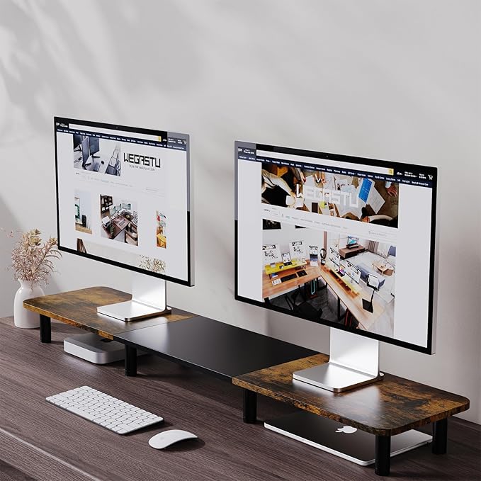 WEGASTU 43.7" Extra Long Dual Monitor Stand Riser, Wood & Steel Monitor Stand for 2 Monitors, Wide TV Stand, Desktop Riser for Desk Organization, Home Office、Laptop,Printer,TV (Vintage black)
