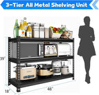 SDXYSTCE 48" W Garage Shelving Heavy Duty, 1500LBS Loads Adjustable Garage Storage Shelves, 3-Tier Metal Shelving Units and Storage Racks, Industrial Utility Shelf,48" Wx18 Dx39 H, Black
