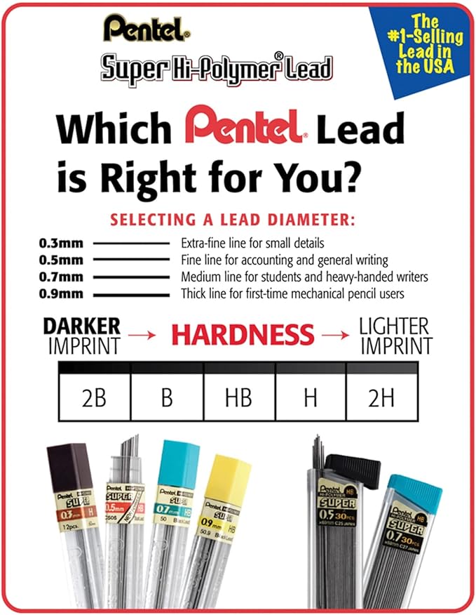 Pentel Super Hi-Polymer Lead Refills, (0.5 mm), Fine, HB, Pack of 3, 90 Pieces of Lead (C25BPHB3-K6)