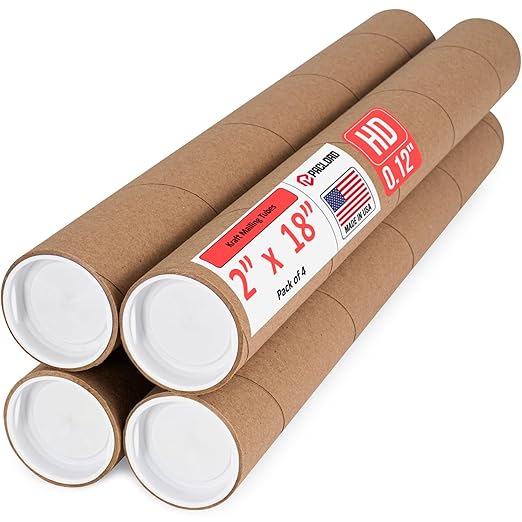 Paclord 2" x 18" Heavy-Duty Reinforced Cardboard Mailing Tube, Pack of 4 Tubes with 8 Caps – Secure USPS Approved – Great for Shipping and Storing of Prints, Artwork, Posters or Documents