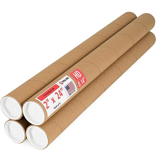 Paclord 2" x 24" Heavy-Duty Reinforced Cardboard Mailing Tube, Pack of 4 Tubes with 8 Caps – Secure USPS Approved – Great for Shipping and Storing of Prints, Artwork, Posters or Documents