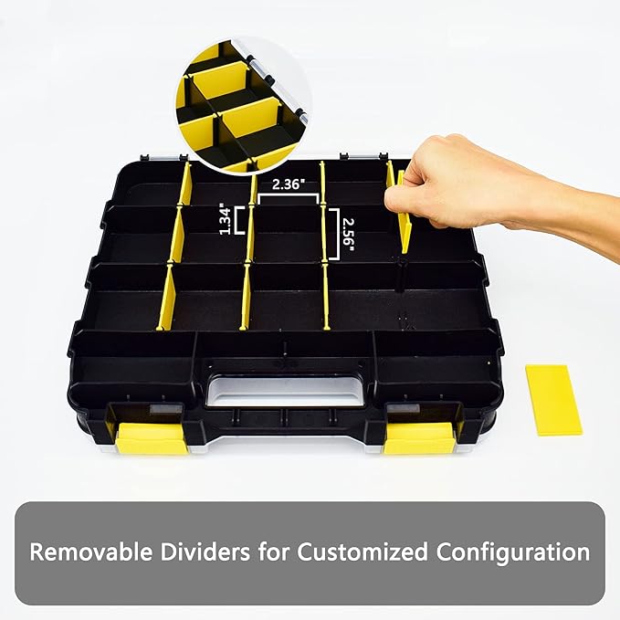 Tools Organizer Box Small Parts Storage Box 34-Compartment Double Side Hardware Organizers with Removable Plastic Dividers for Screws, Nuts, Nails, Bolts