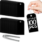 100 Pcs Waterproof Hanging Price Tags with String Attached - Black, 4 3/4" x 2 3/8" for Retail, Engraving, Gift, Equipment, Garage, Shelf Parts
