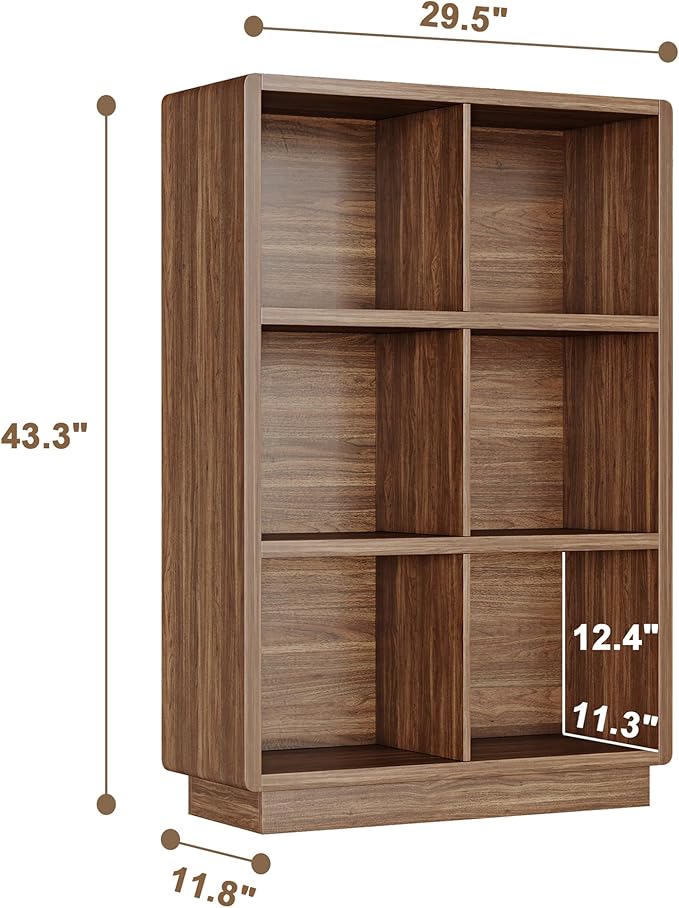 ChooChoo 3-Tier Bookshelf, 6 Cube Storage Organizer, Wooden Bookcase with Storage, Cube Storage Bookshelf for Bedroom and Home Office, Brown Walnut
