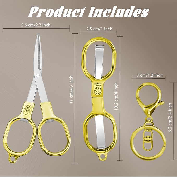 2 PCS Stainless Steel Mini Folding Scissors, Safety Pocket-Sized Multipurpose Scissors with Keychains for Travel, Home, Office, Crafts, Sewing & Nurse Accessories (Gold)